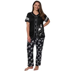 New Jack Skellington Button Down Shirt & Lounge Pants Women Plus Set